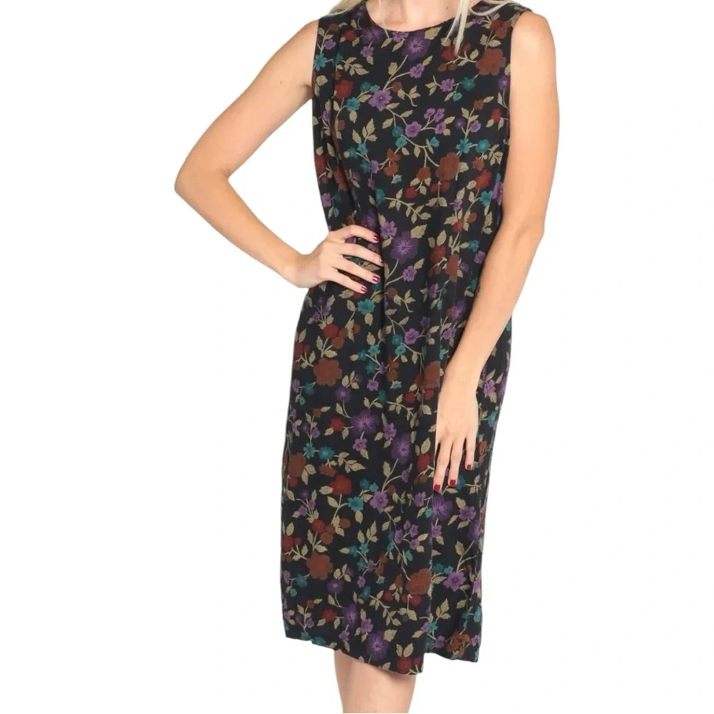 vtg Sag Harbor Petites Black Dark  Floral Dress Sz Large Y2k Shift Rayon *Read